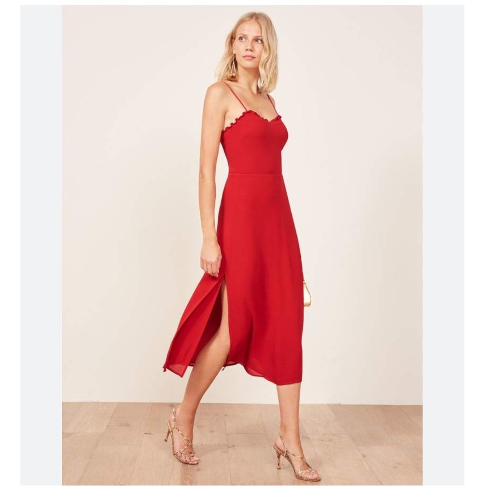 Reformation Cassandra Midi Dress 4 Sleeveless Sweetheart Smocked Back Cherry Red